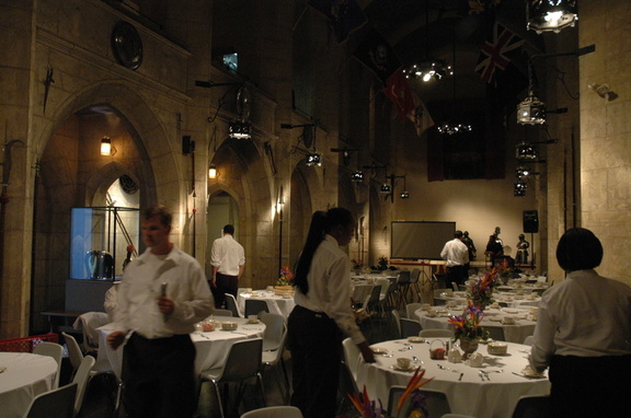 Inside Higgins Armory Museum, being set up for an event