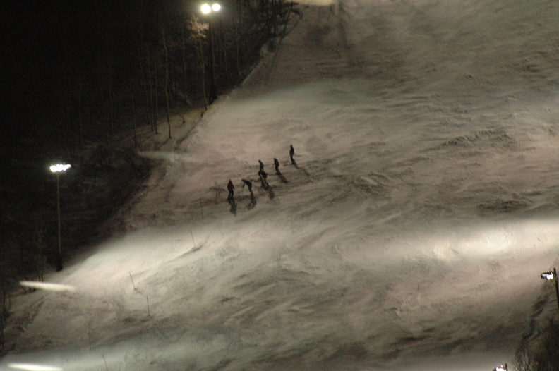 Ski team practicing at night