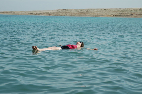 Emily floating in (on?) the Dead Sea
